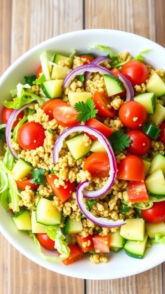 A colorful cabbage quinoa salad with cherry tomatoes, cucumber, red onion, and parsley on a rustic table.